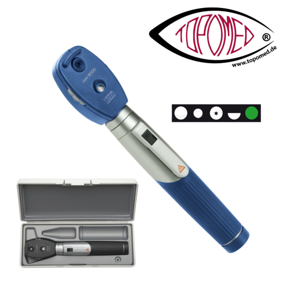 Ophthalmoskop mini 3000 LED "blau" HEINE OPTOTECHNIK 2,5V mit Batteriegriff, mit Etui